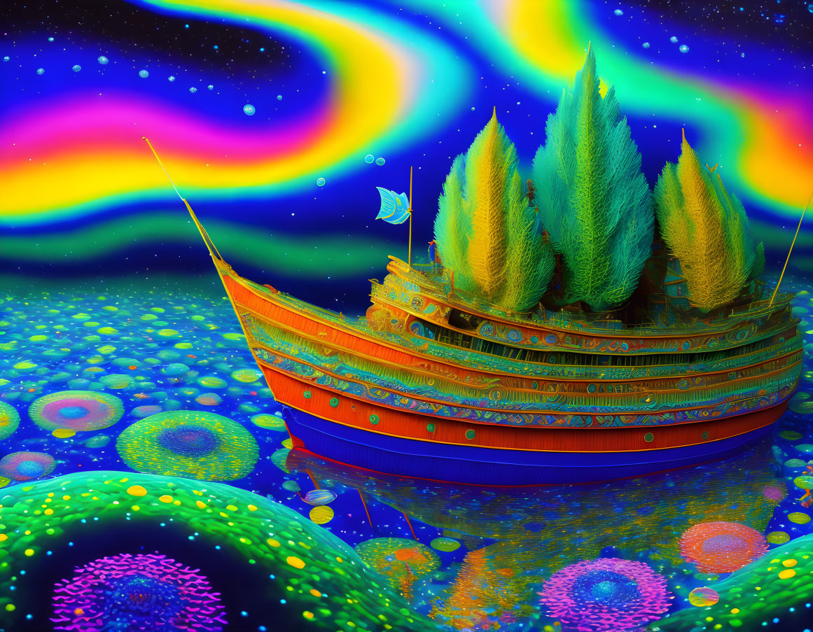 Colorful Psychedelic Sky Over Fantasy Landscape with Boat and Tree Sails