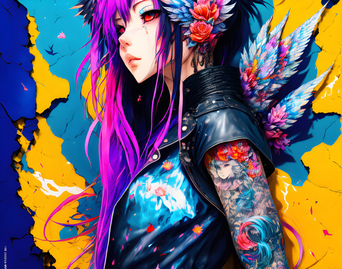 Colorful digital artwork: girl with purple hair and tattooed arm in blue and yellow paint.