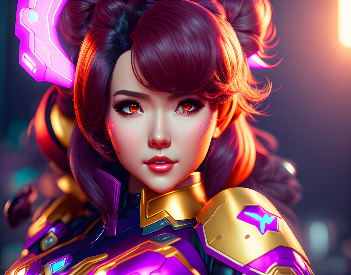 Futuristic digital artwork of a girl in glowing armor suit