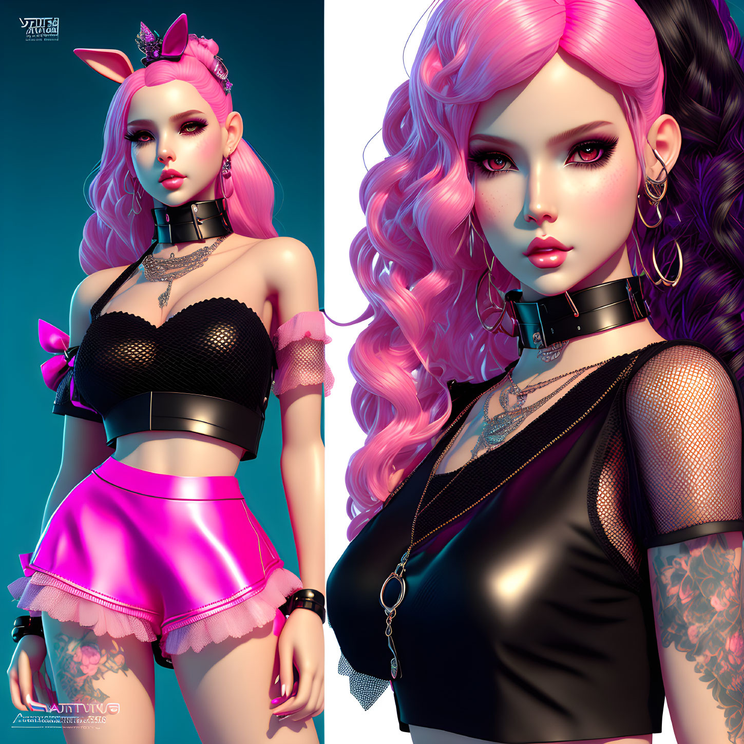 Female character with pink hair, black top, pink shorts, fishnet sleeves, tattoos, and ch