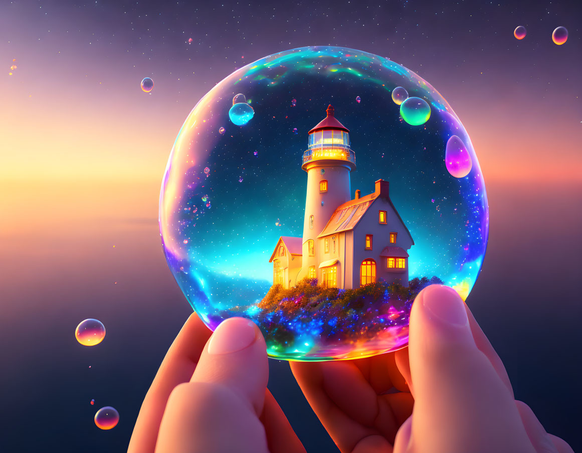 Hands holding vibrant lighthouse scene in bubble with starry sky and bubbles.