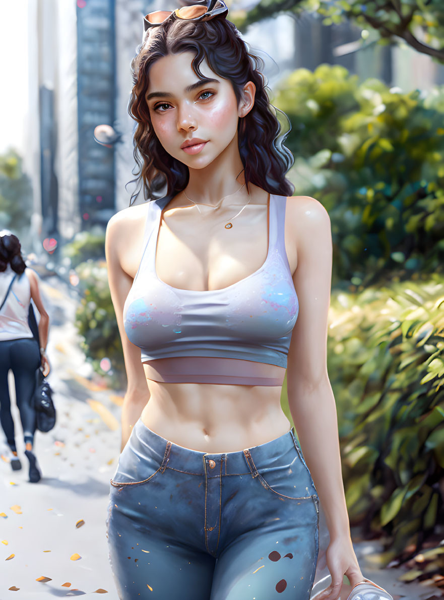 Digital artwork: Young woman in tank top & jeans walking on sunny street