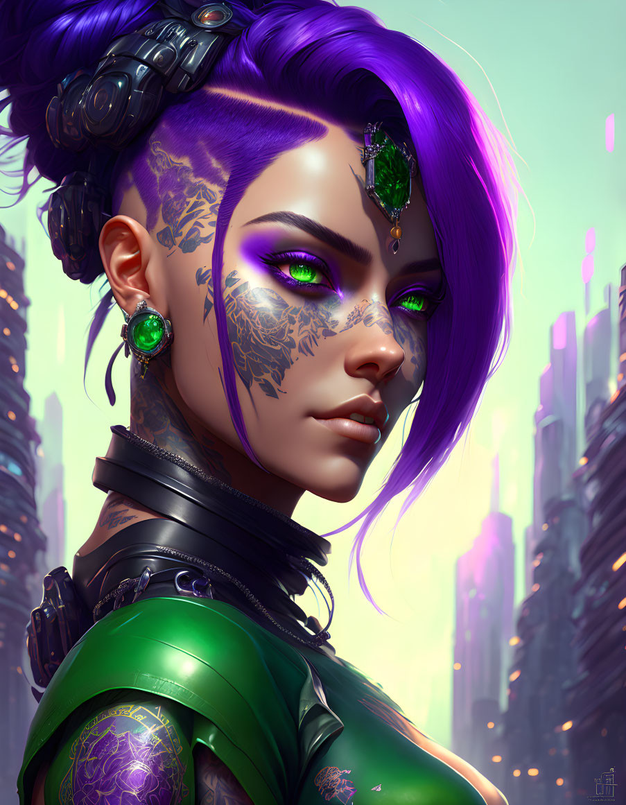 Digital artwork of woman with purple hair and intricate face tattoos in futuristic cityscape.