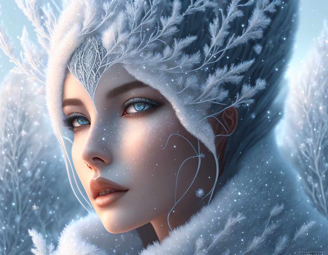 Digital portrait of a woman with ice-blue eyes in wintry setting