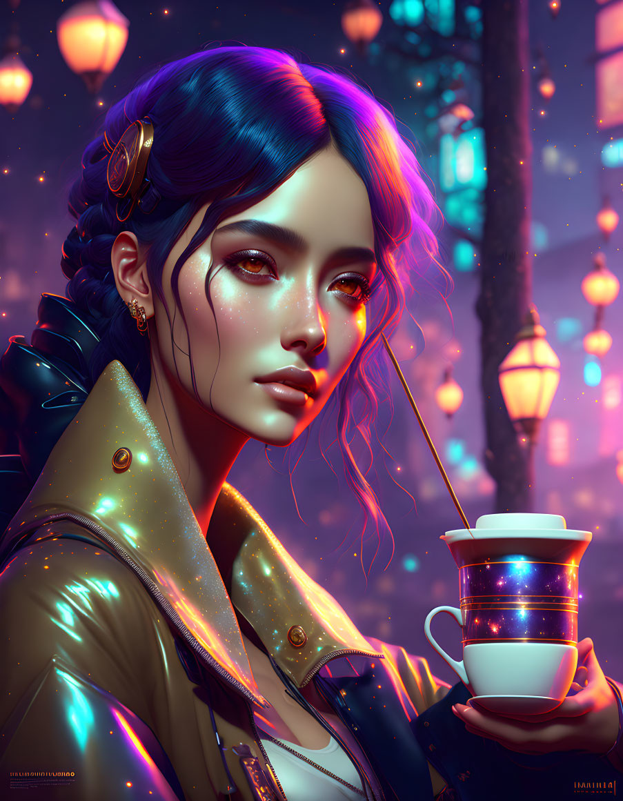 Blue-haired woman with glowing skin and headphones holding a cup in digital portrait.