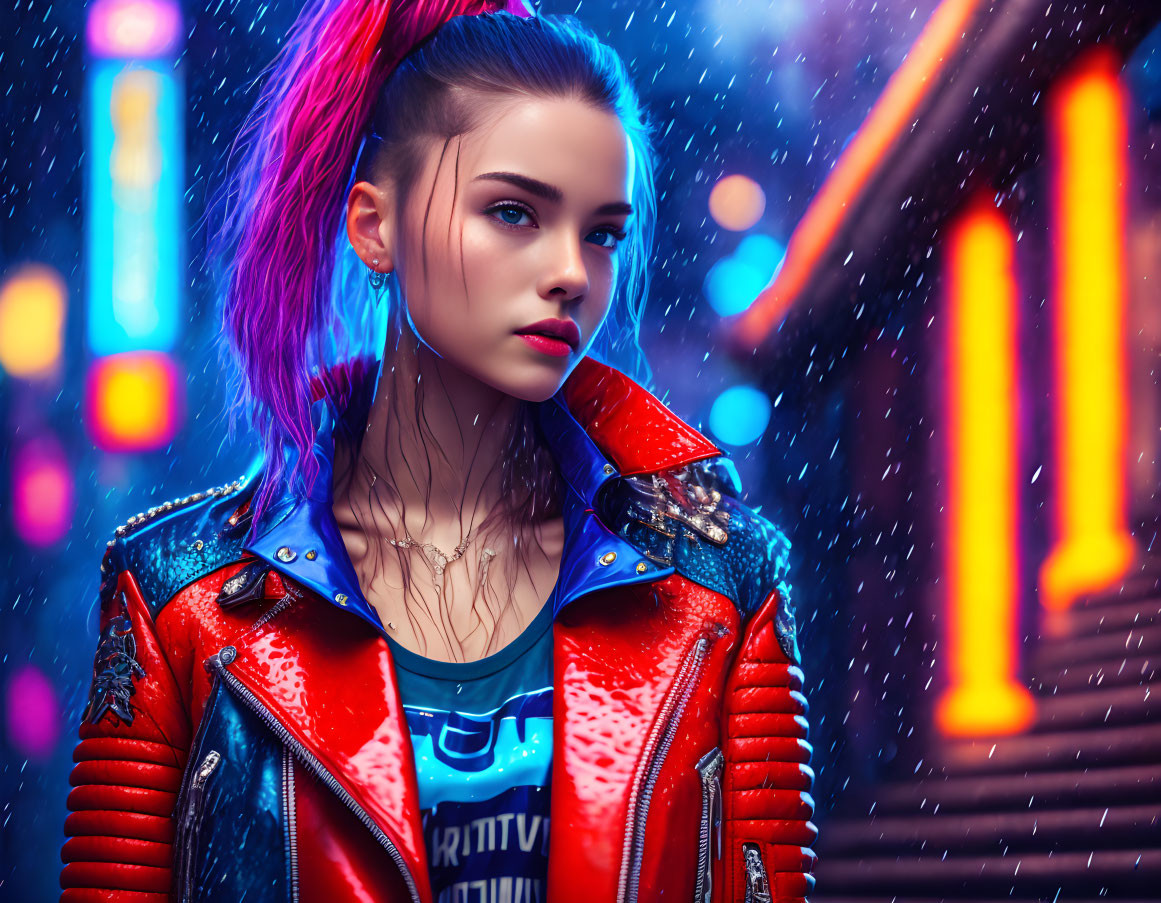 Vibrant pink-haired woman in red leather jacket against neon-lit rainy cityscape