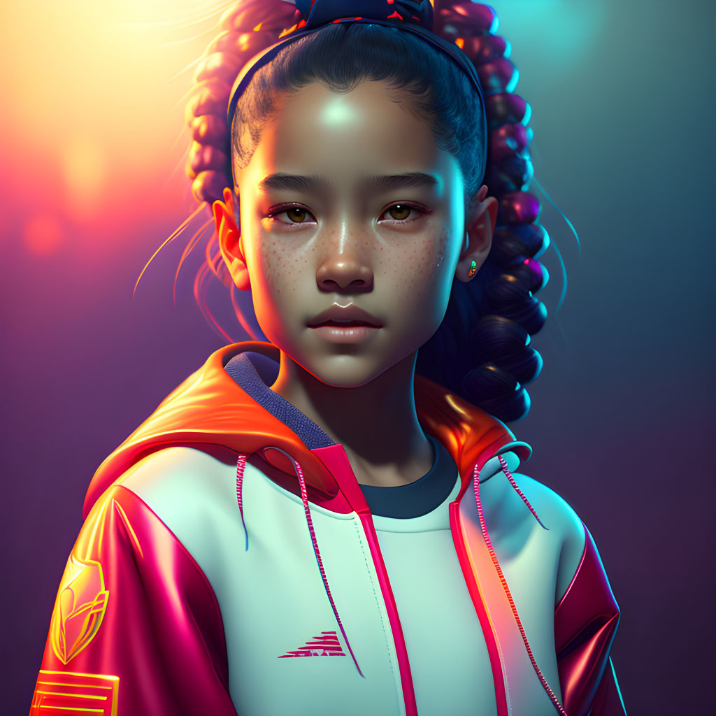 Digital portrait of a girl with braided hair and freckles in futuristic jacket on purple background