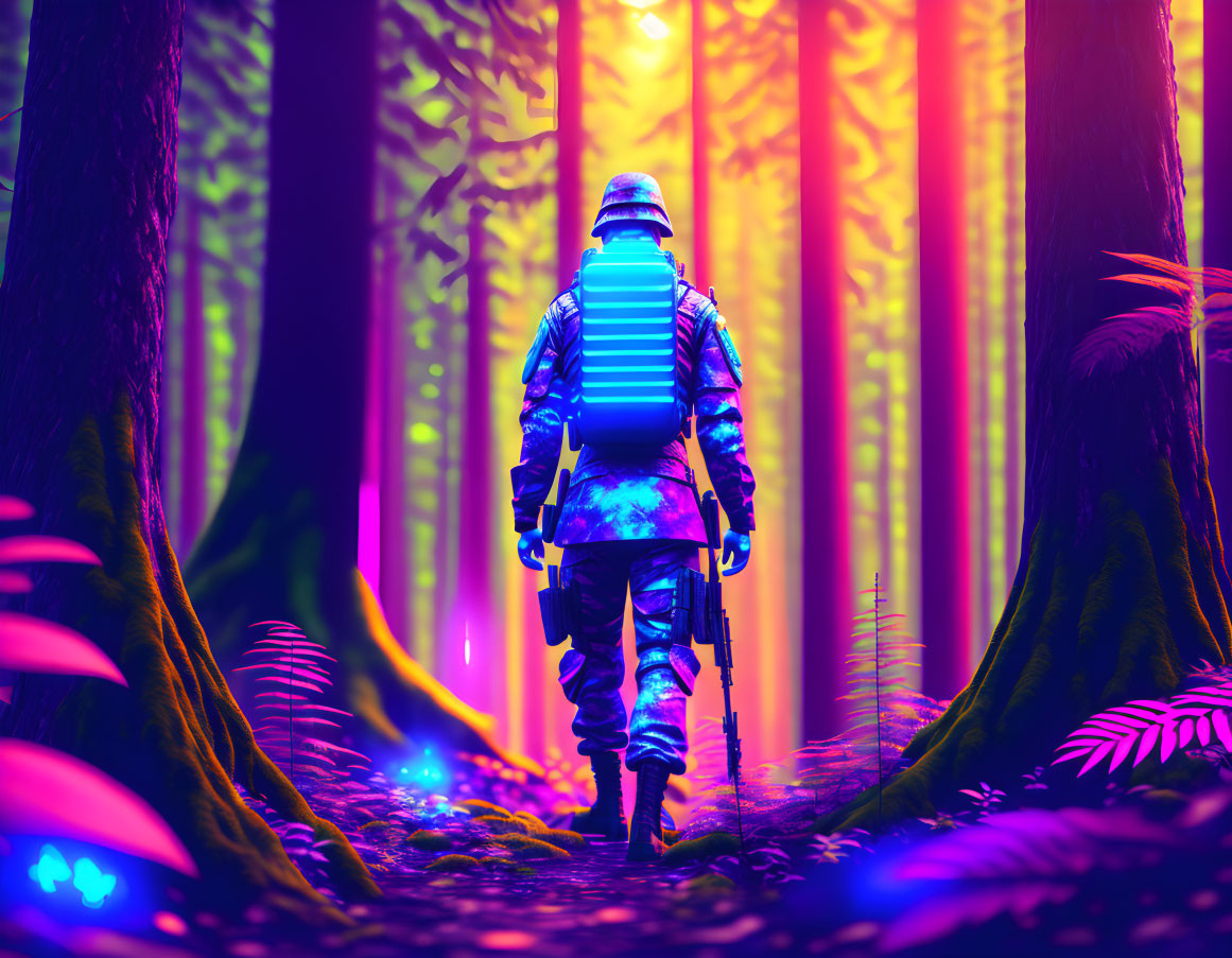 Camouflaged person walking in neon-lit forest