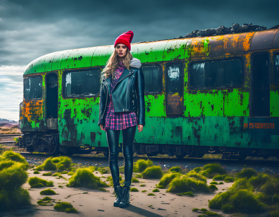 Fashionable Woman in Red Beanie and Leather Jacket by Moss-Covered Train Car