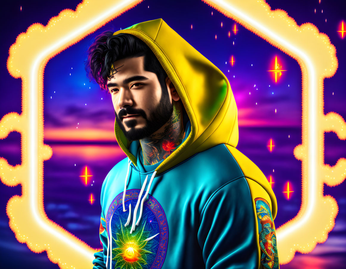 Stylized portrait of bearded man in yellow hoodie against neon-lit starry background