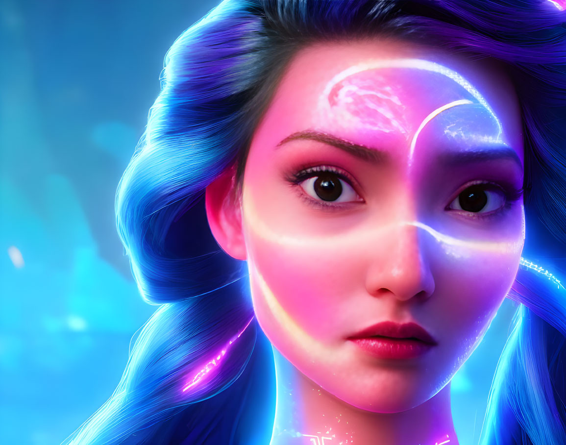 Colorful digital art: Woman with blue hair and pink markings on blue background