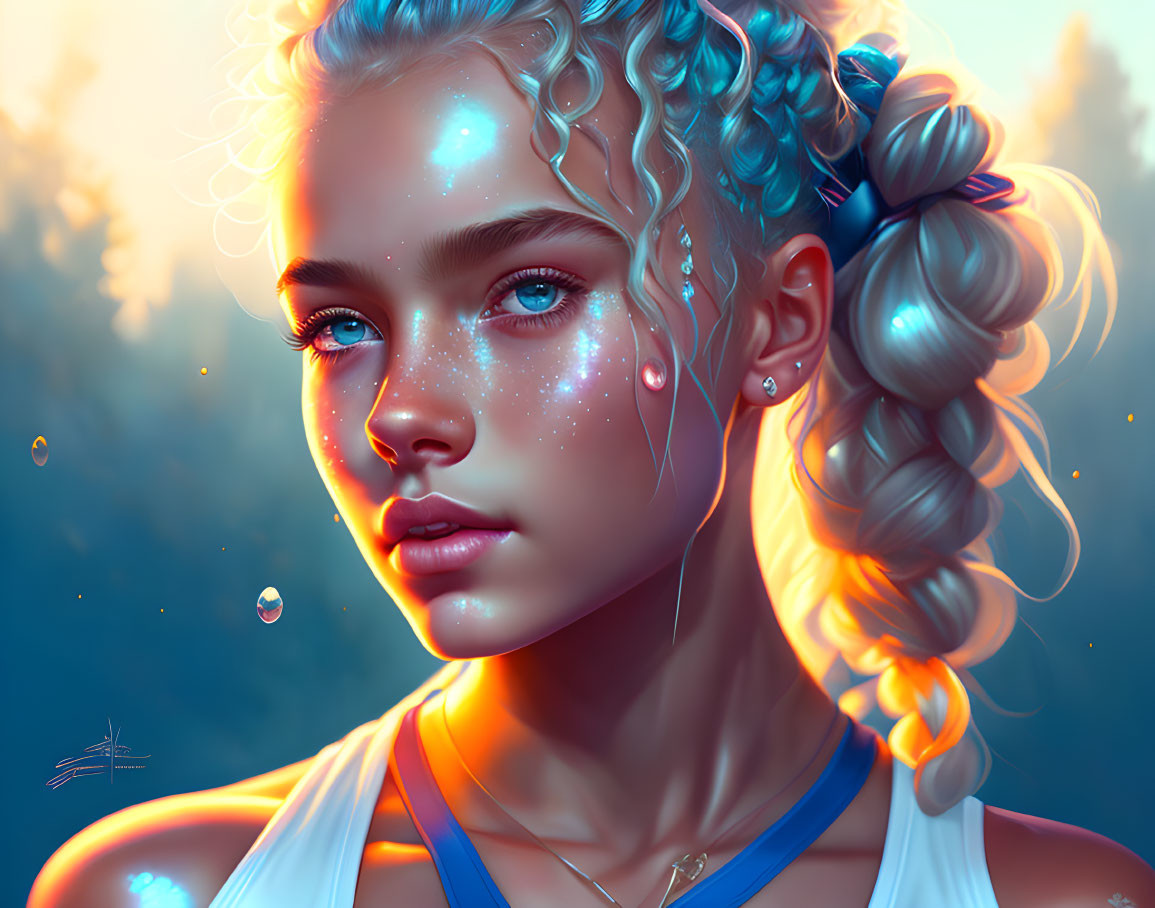 Digital artwork featuring girl with blue glowing freckles and mystical ambiance.