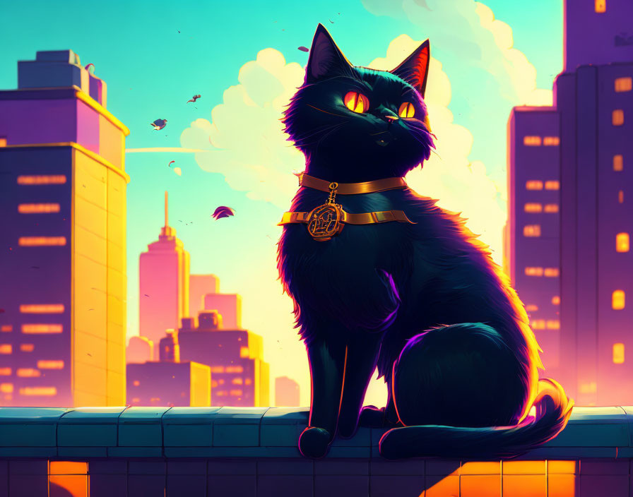 Black cat with glowing eyes on wall against cityscape at sunset