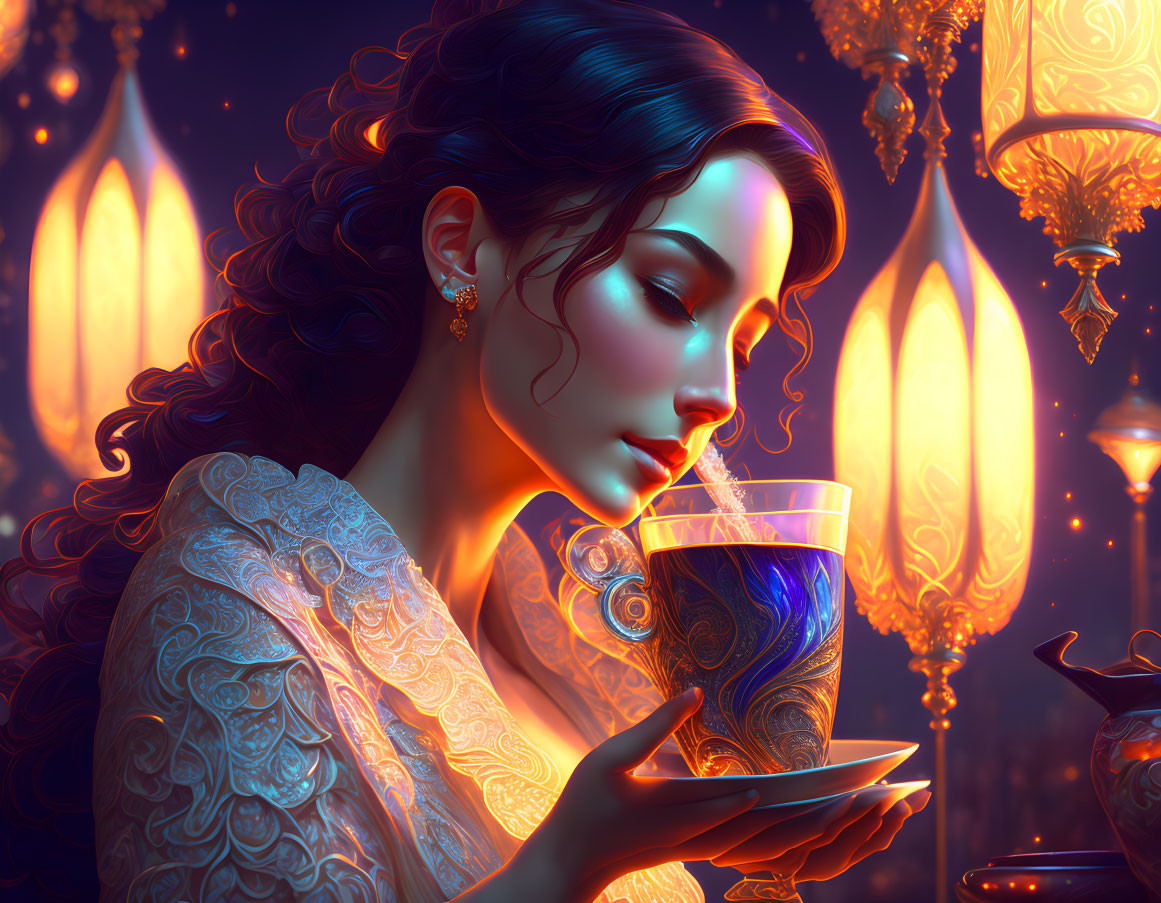 Illustrated woman in lace garment sipping blue beverage in lantern-lit setting