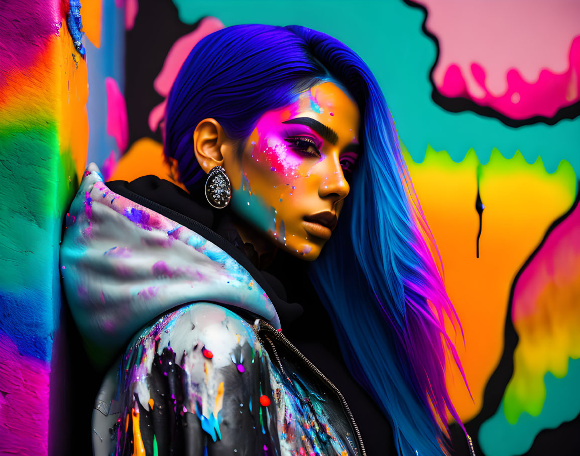 Blue-haired woman with neon makeup against graffiti backdrop in paint jacket