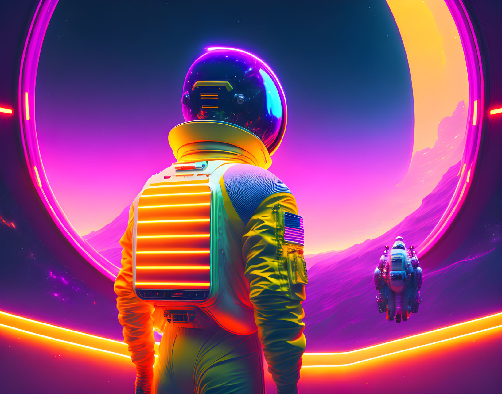 Vibrant spacesuit astronaut gazes at surreal alien landscape.