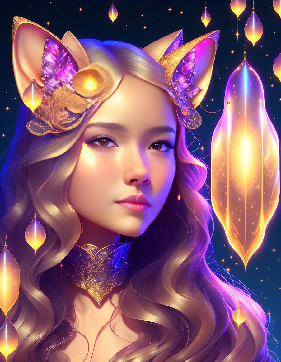 Fantasy illustration of young woman with gold cat ears and glowing feathers.