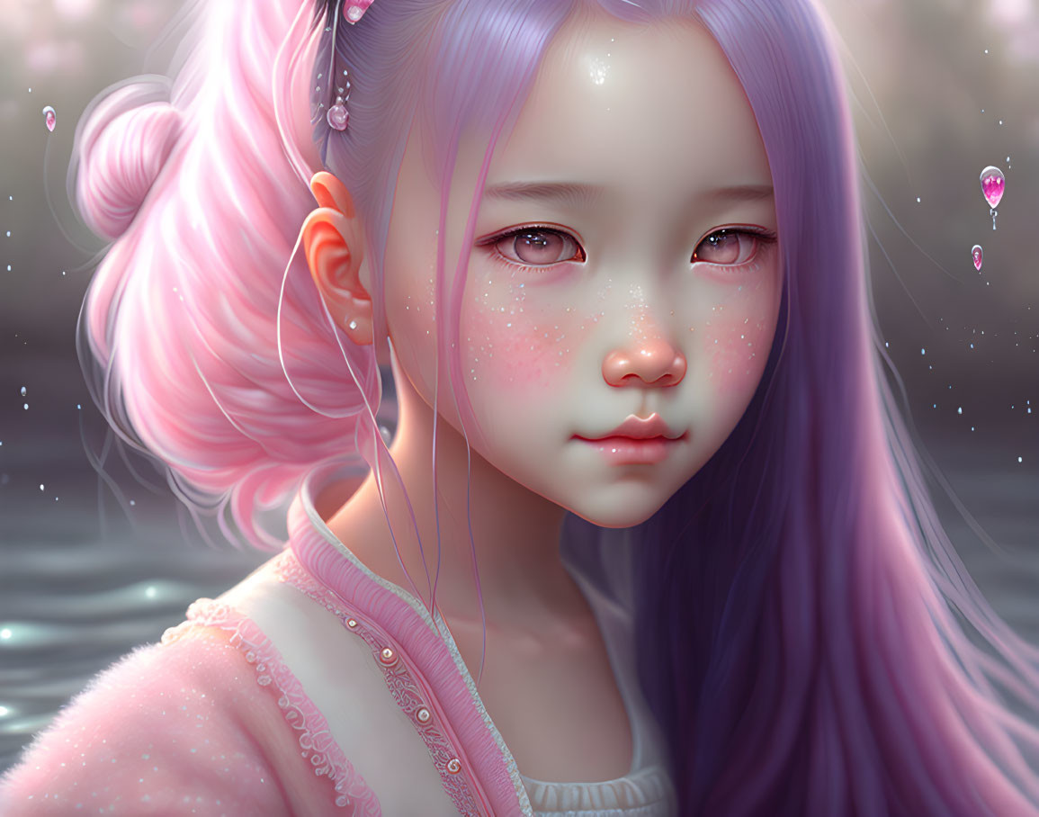 Pink-haired girl digital artwork with sparkling freckles and heart-shaped earrings