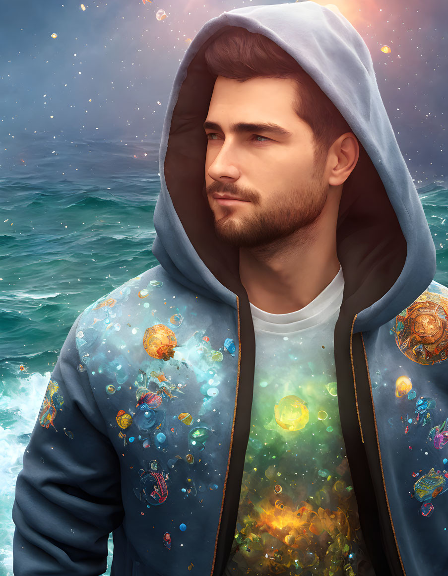 Man in Galaxy-Print Hoodie with Ocean Waves and Cosmic Sky