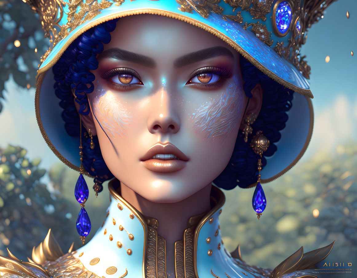 Digital artwork: Woman with ornate blue and gold headwear and glowing facial markings in nature backdrop