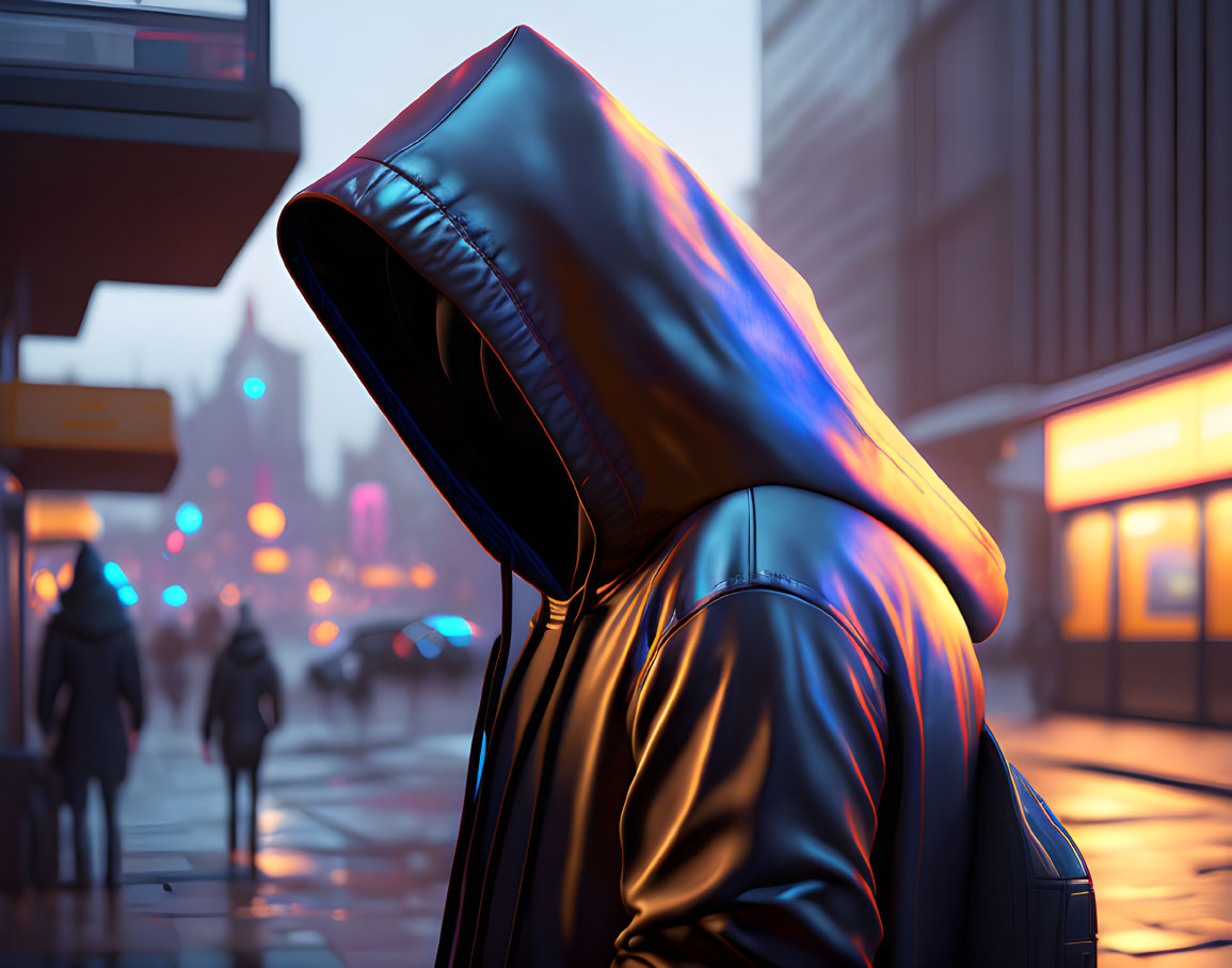 Hooded figure in focus against blurred neon city lights