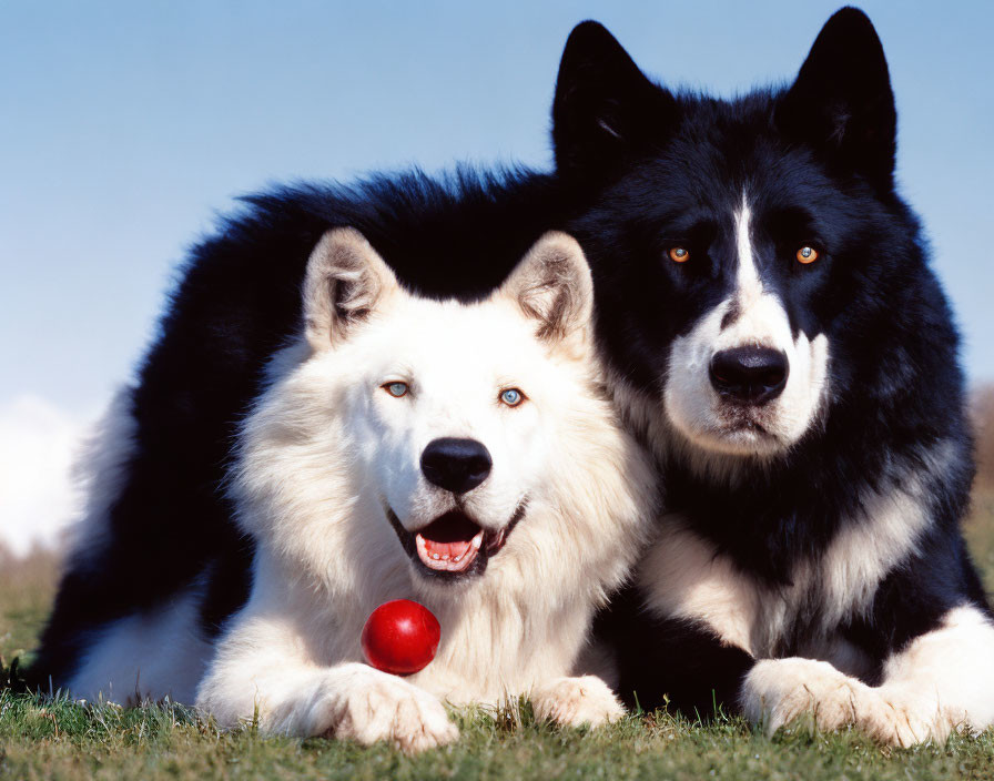 Fluffy white and black dogs with red ball on grass under blue sky