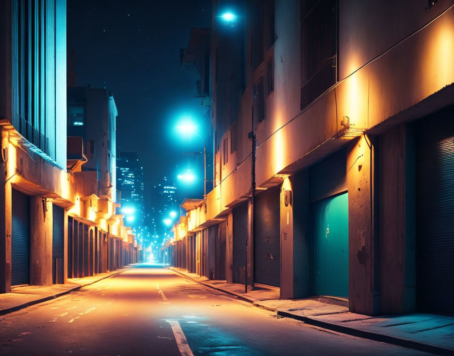 City alley at night with blue and warm yellow lights creating contrast