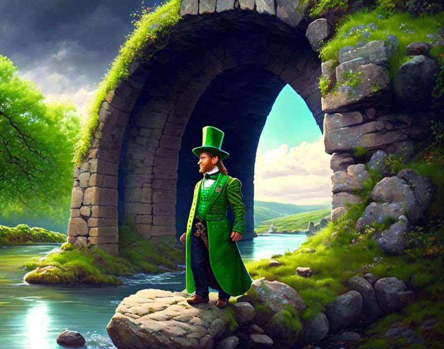 Person in green leprechaun costume under stone arch by tranquil river