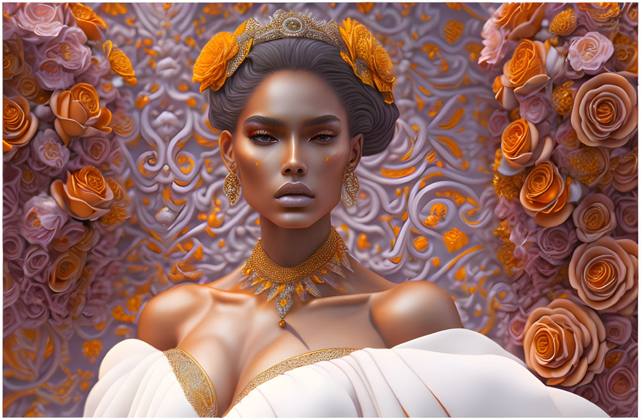 Regal woman with golden jewelry and tiara amidst orange and purple roses