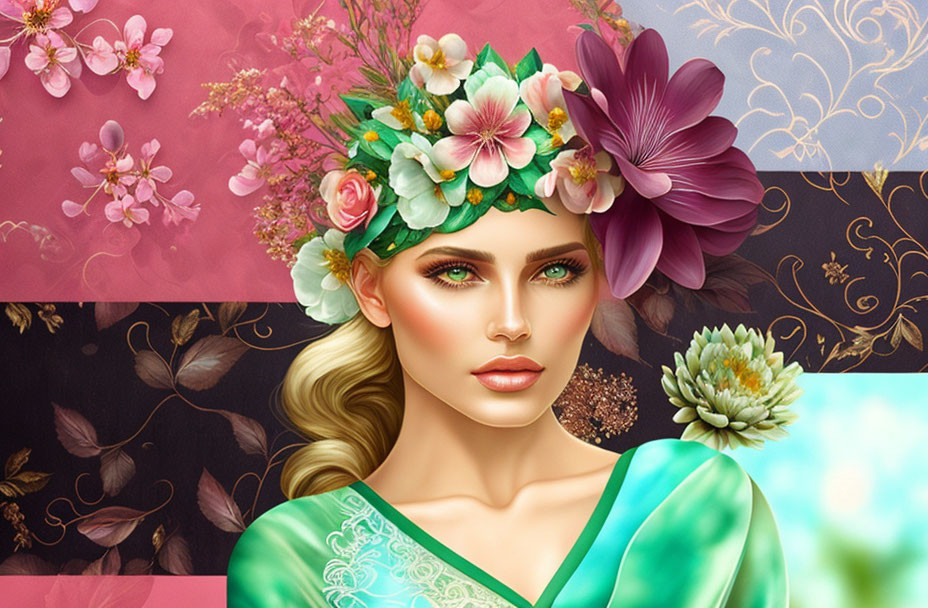 Colorful Digital Illustration: Woman with Floral Crown & Vibrant Makeup