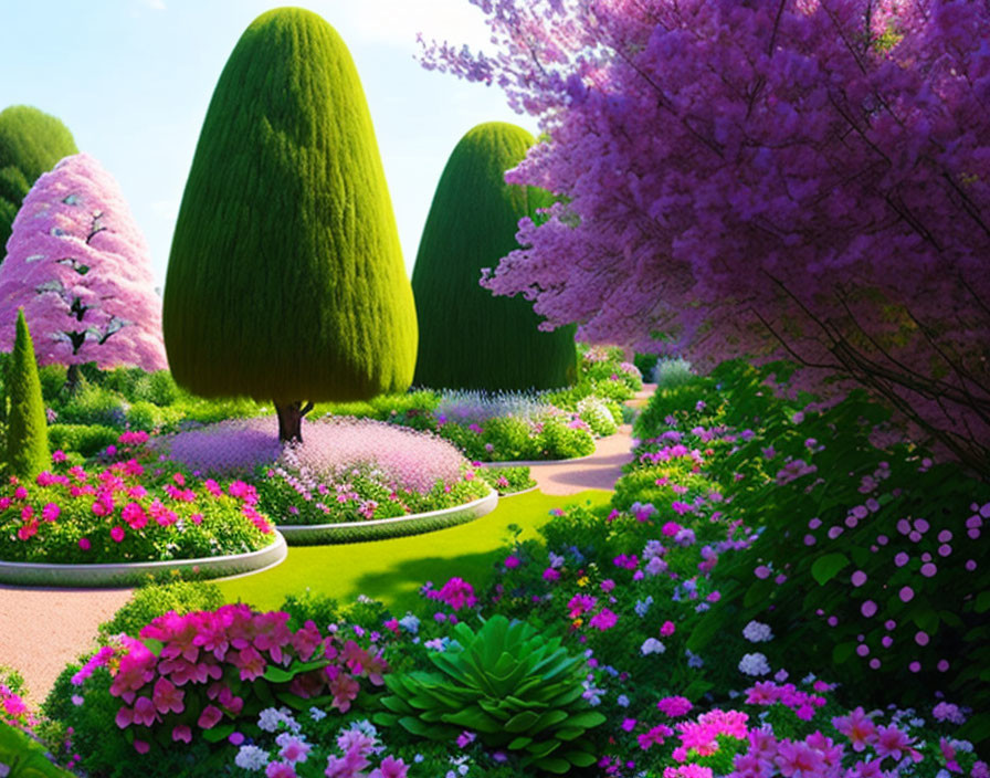 Lush garden with trimmed bushes, winding path, pink and purple flowers