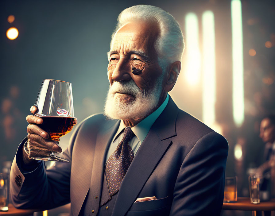 Elderly gentleman with white beard holding whiskey in dimly lit bar