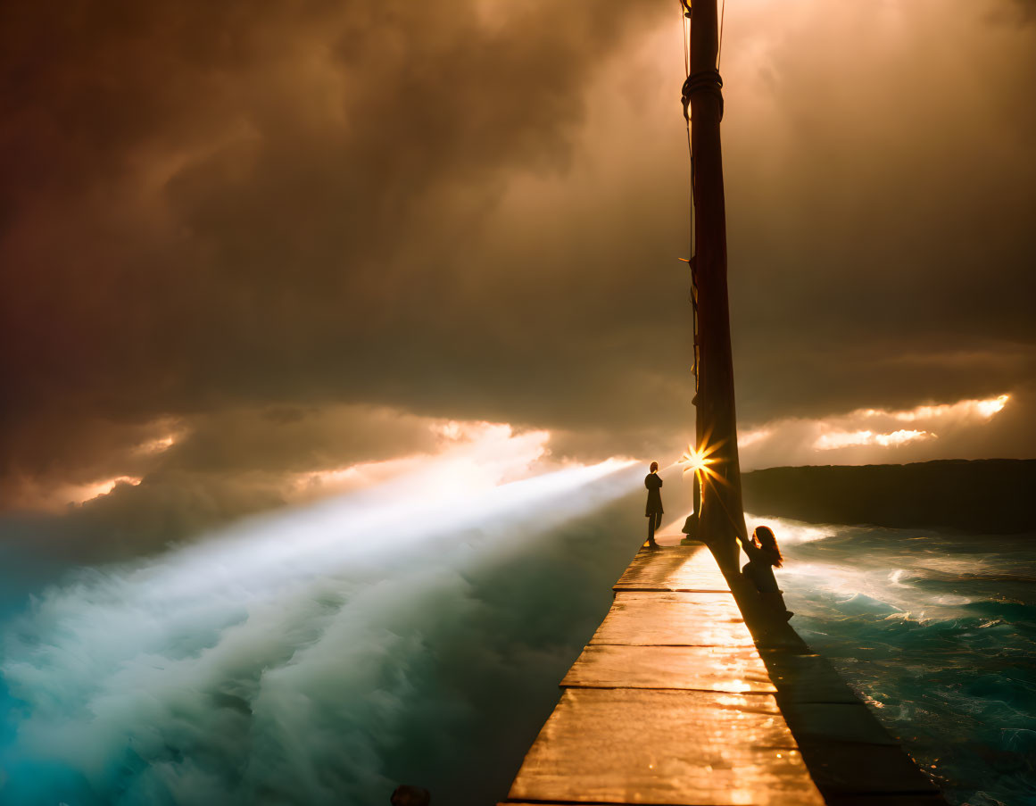 Dramatic sunset scene on pier with two people and golden light