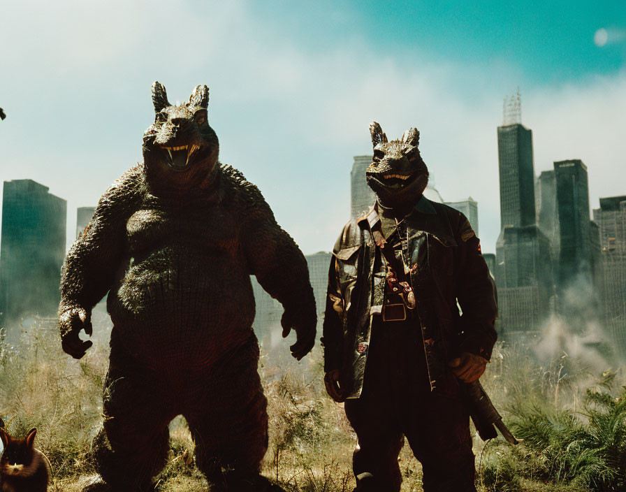 Two people in Godzilla costumes with briefcase in urban setting