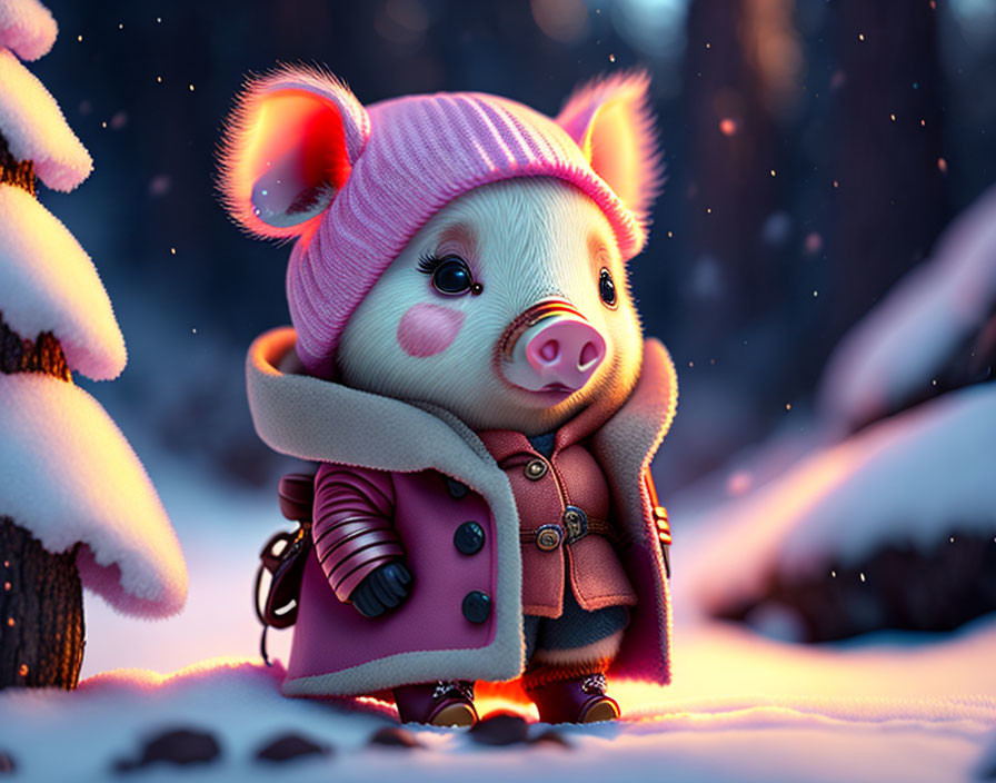 Adorable animated piglet in winter attire with falling snowflakes