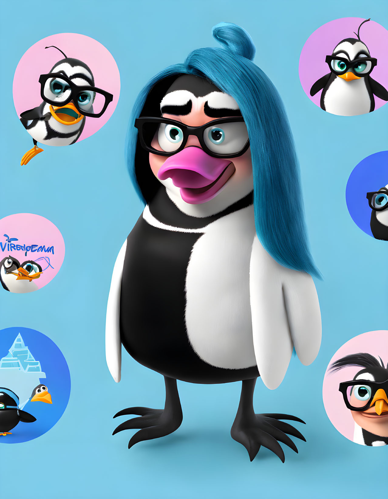 Blue-haired penguin with glasses surrounded by smaller penguins in different poses on blue background