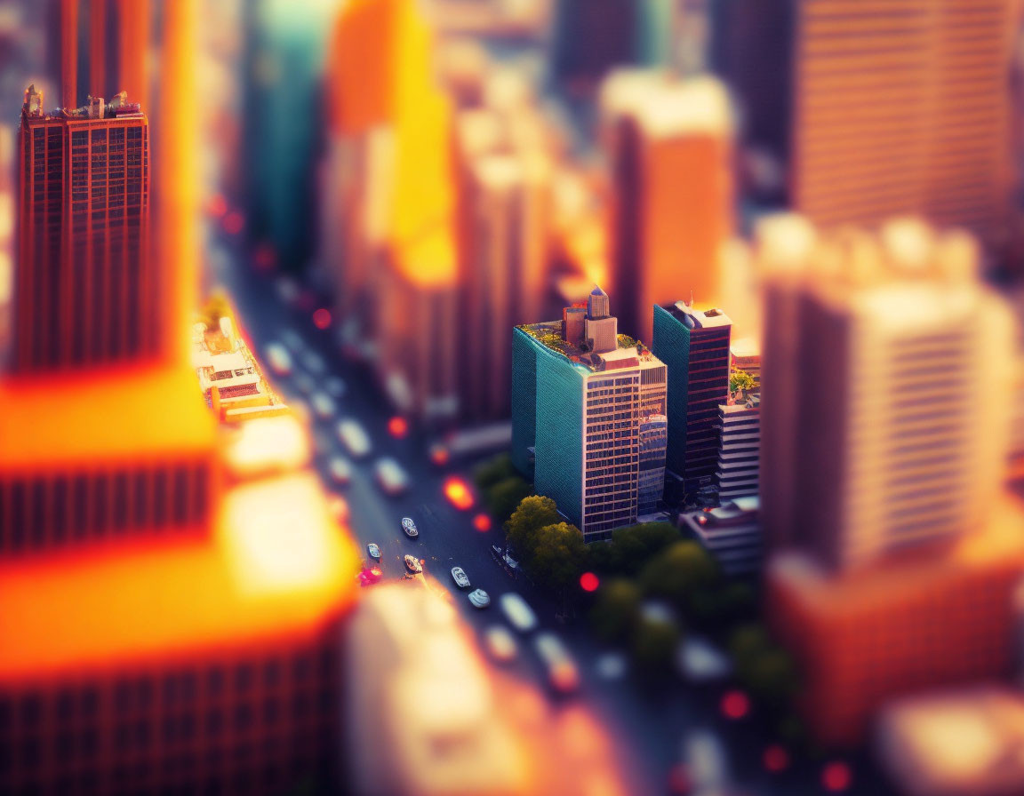 Cityscape with blurred buildings and miniature cars in tilt-shift photography