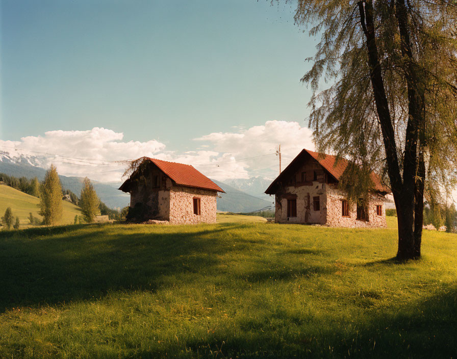 Traditional Stone Houses in Rural Landscape with Green Meadow and Mountains