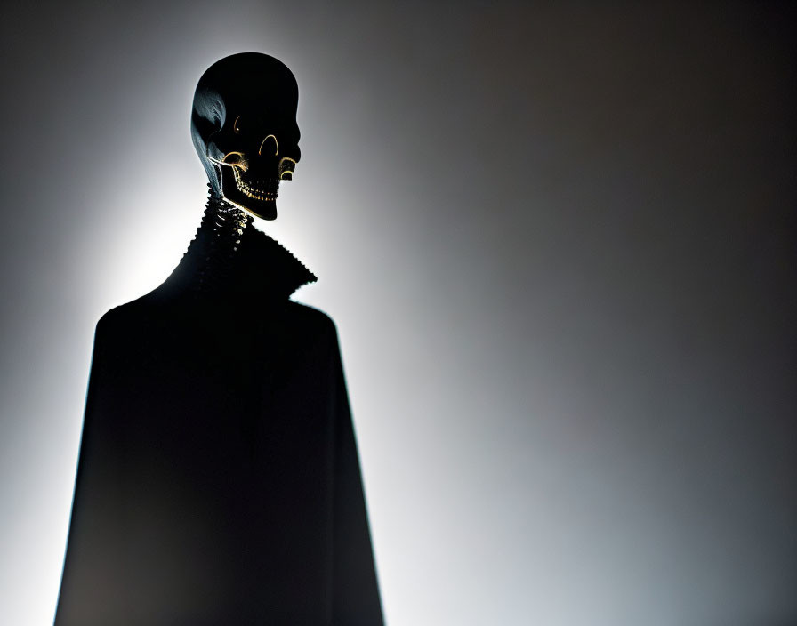 Mysterious silhouette with skull-like mask in dramatic lighting