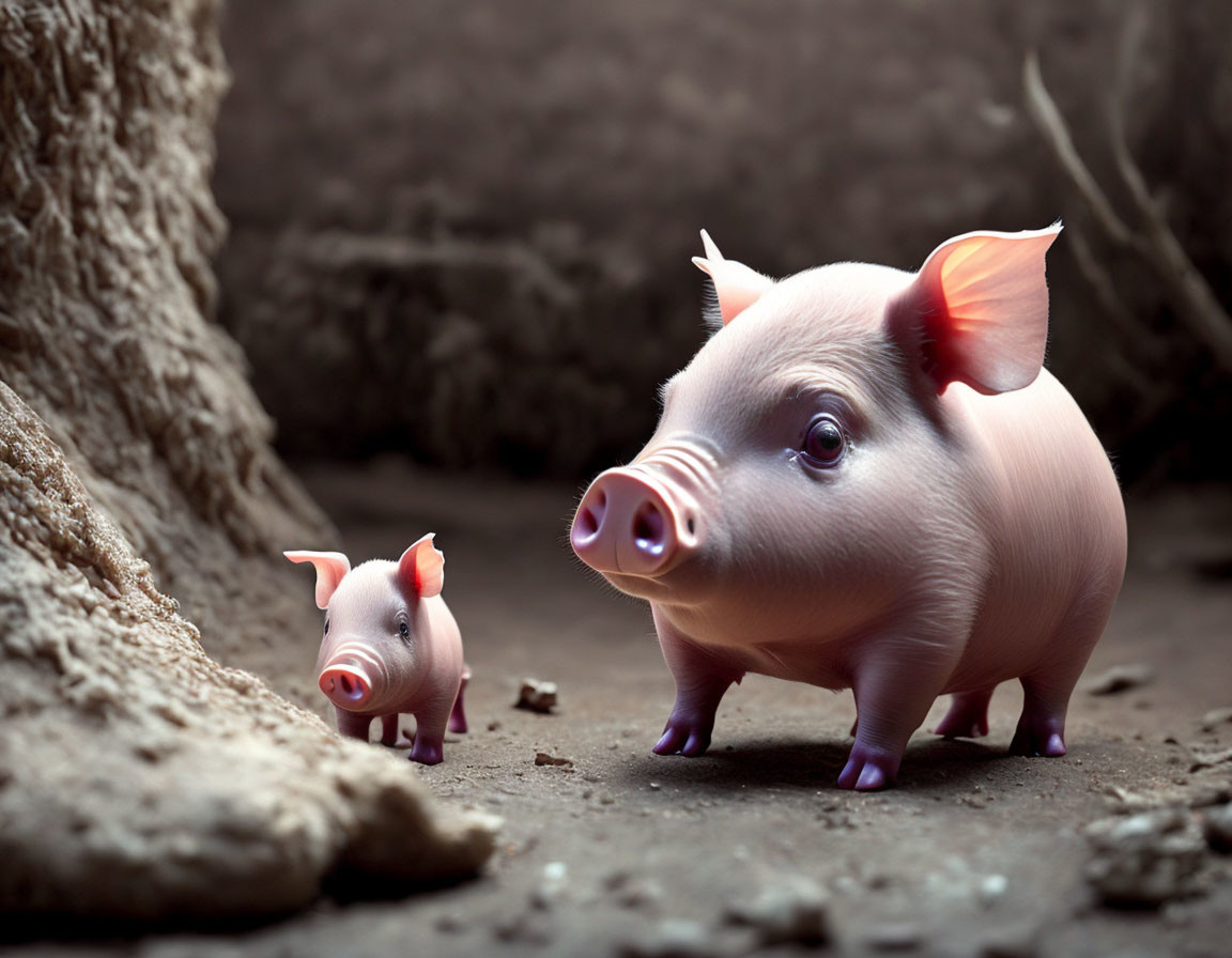 Realistic cartoon pigs on dirt with tree root