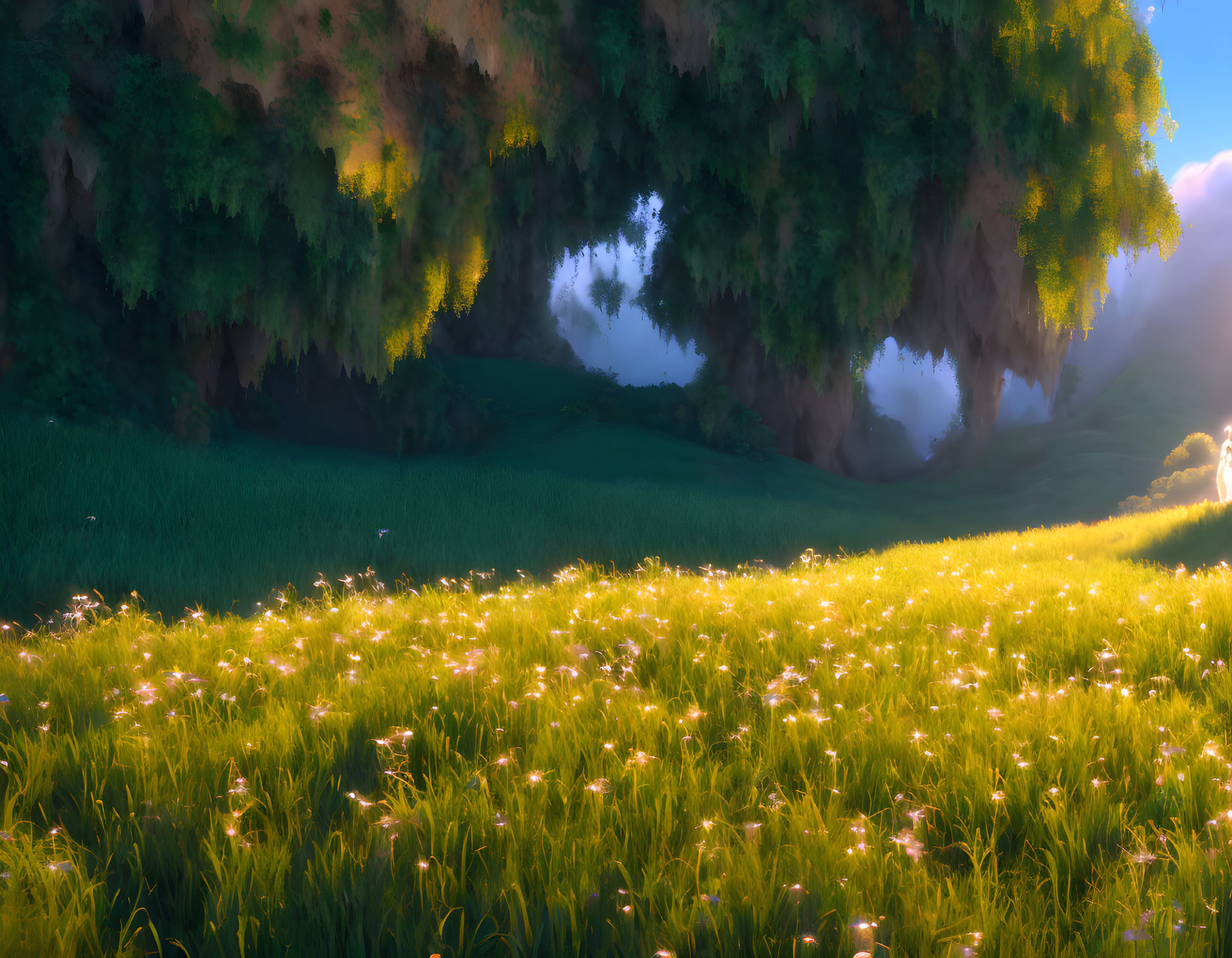 Tranquil meadow with sunlit wildflowers and lush tree canopy