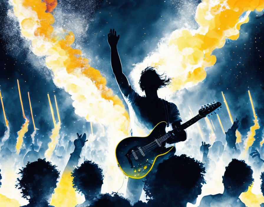 Guitarist silhouette on stage with crowd and fiery backdrop