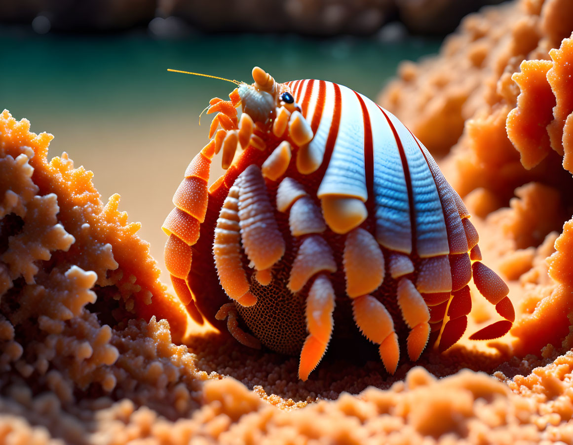 Colorful Hermit Crab Among Orange Coral on Sandy Terrain