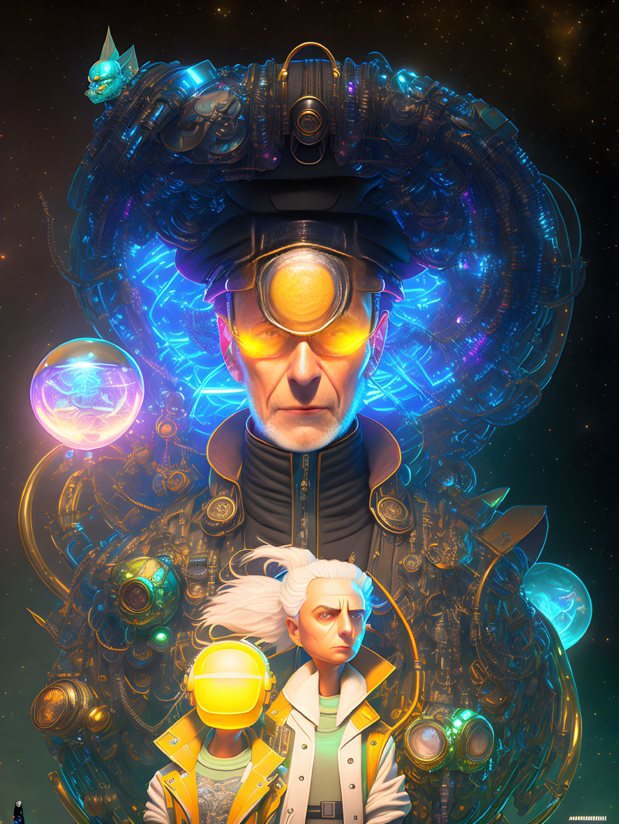 Futuristic artwork with central figure and sci-fi elements