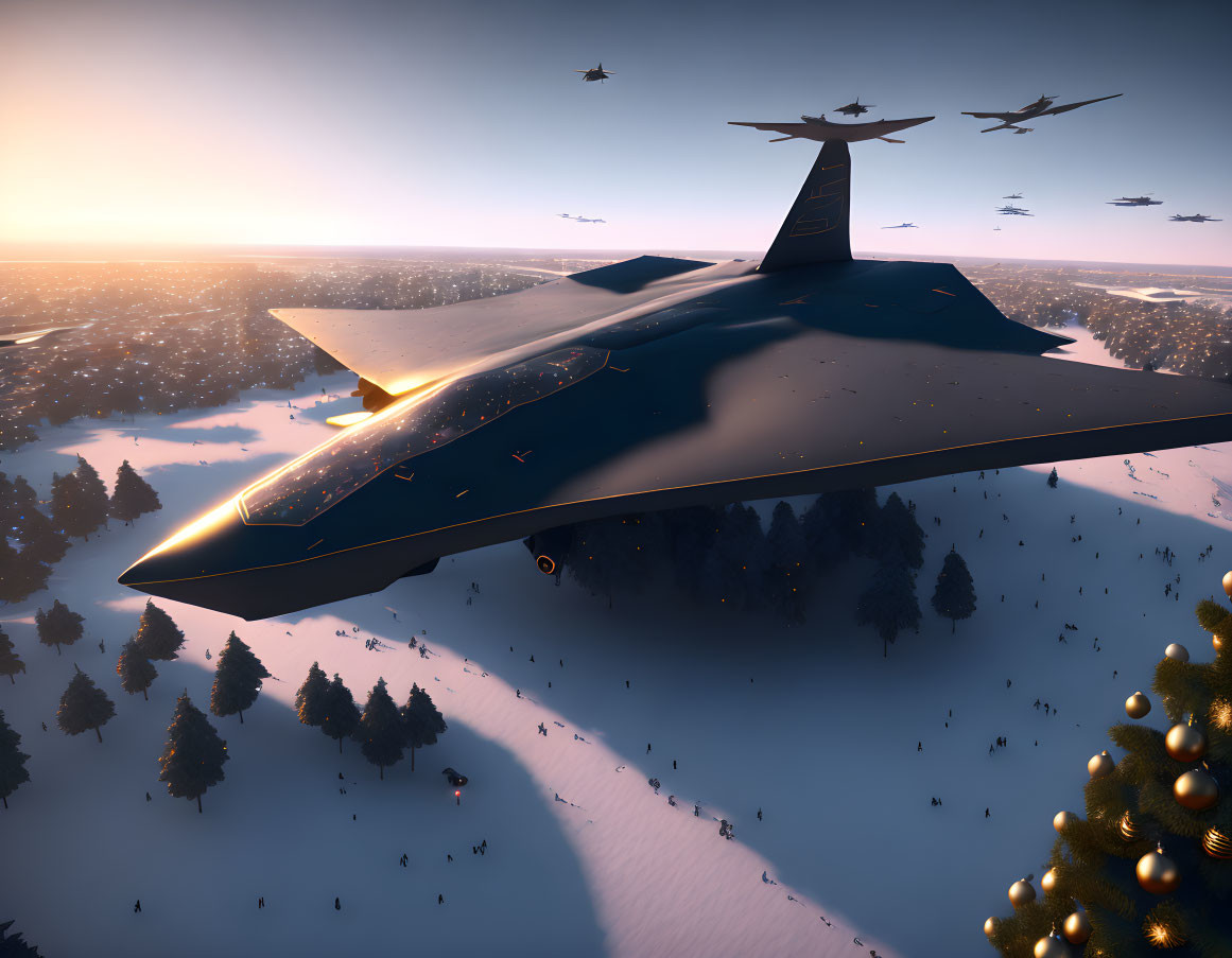 Stealth bomber and jets fly over snowy forest at sunset