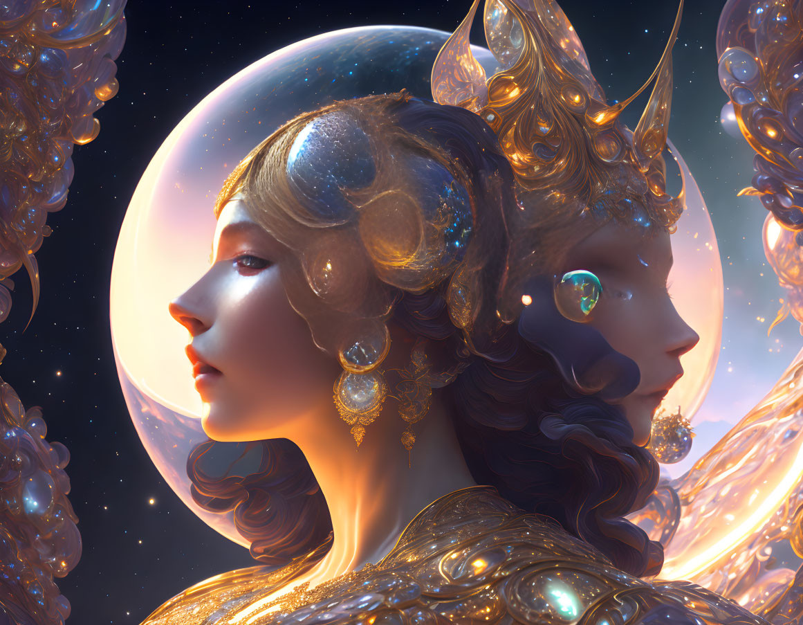 Ethereal beings with golden headdresses in cosmic scene