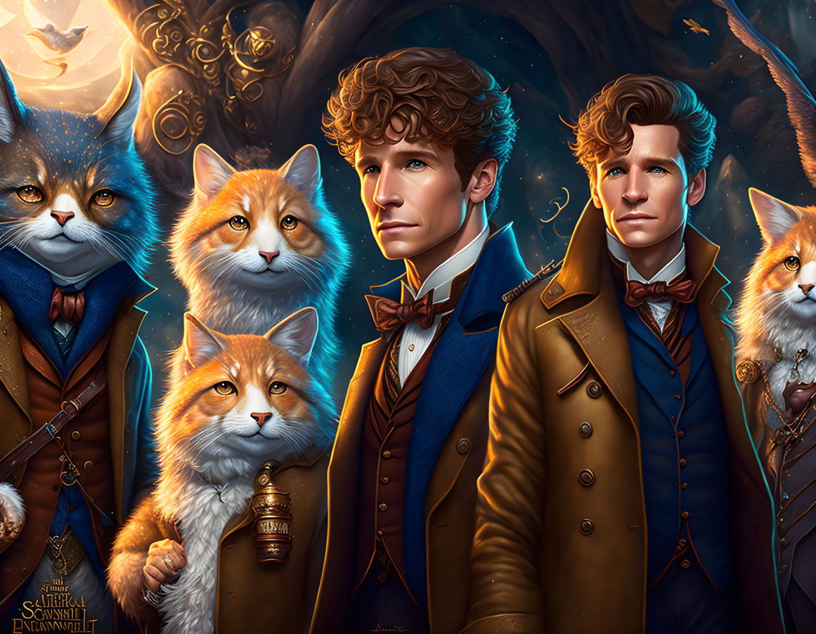 Illustrated portrait of man with curly hair surrounded by majestic cats and mystical golden glow.