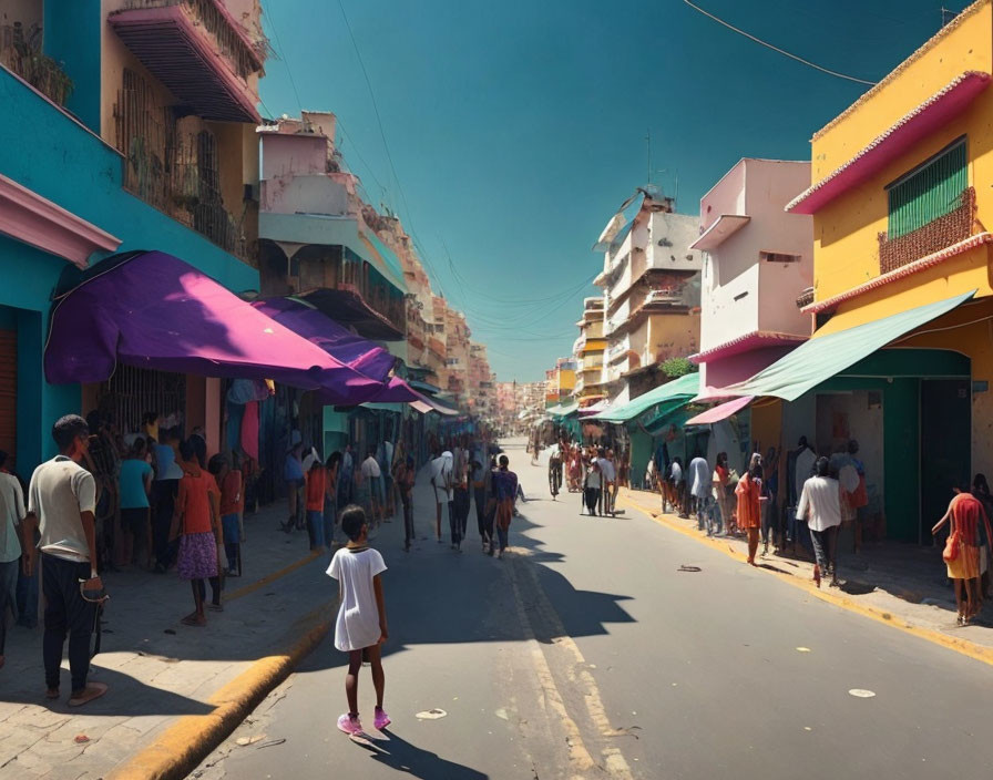 Vibrant street scene with colorful buildings, market stalls, and pedestrians.