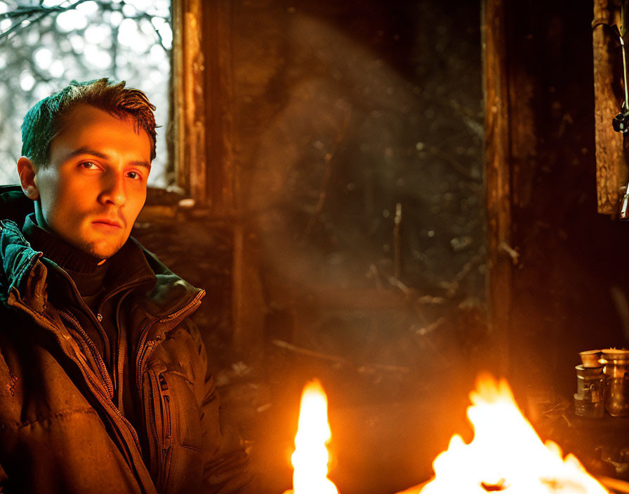 Man in jacket sitting by fire in rustic cabin with warm light.