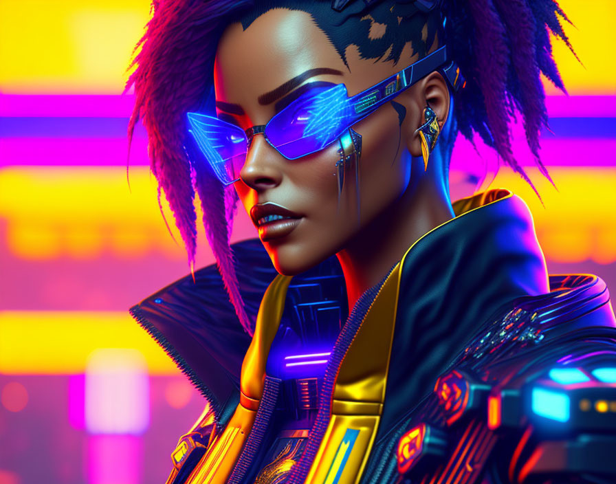 Futuristic 3D illustration of woman in neon cyberpunk style
